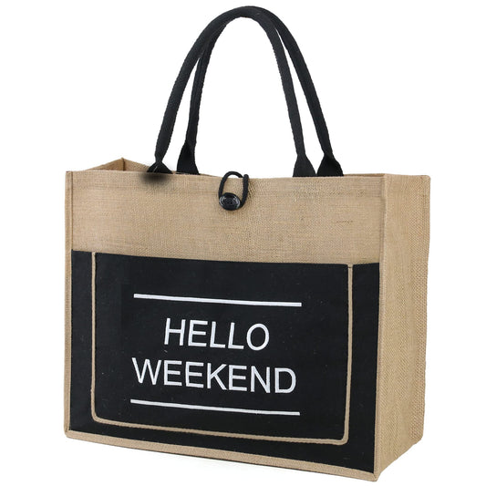 HOTIMO® Beach Jute Tote Bag Large 16.7'' x 12.2'' x 6.3'' Embroidery Hello Weekend