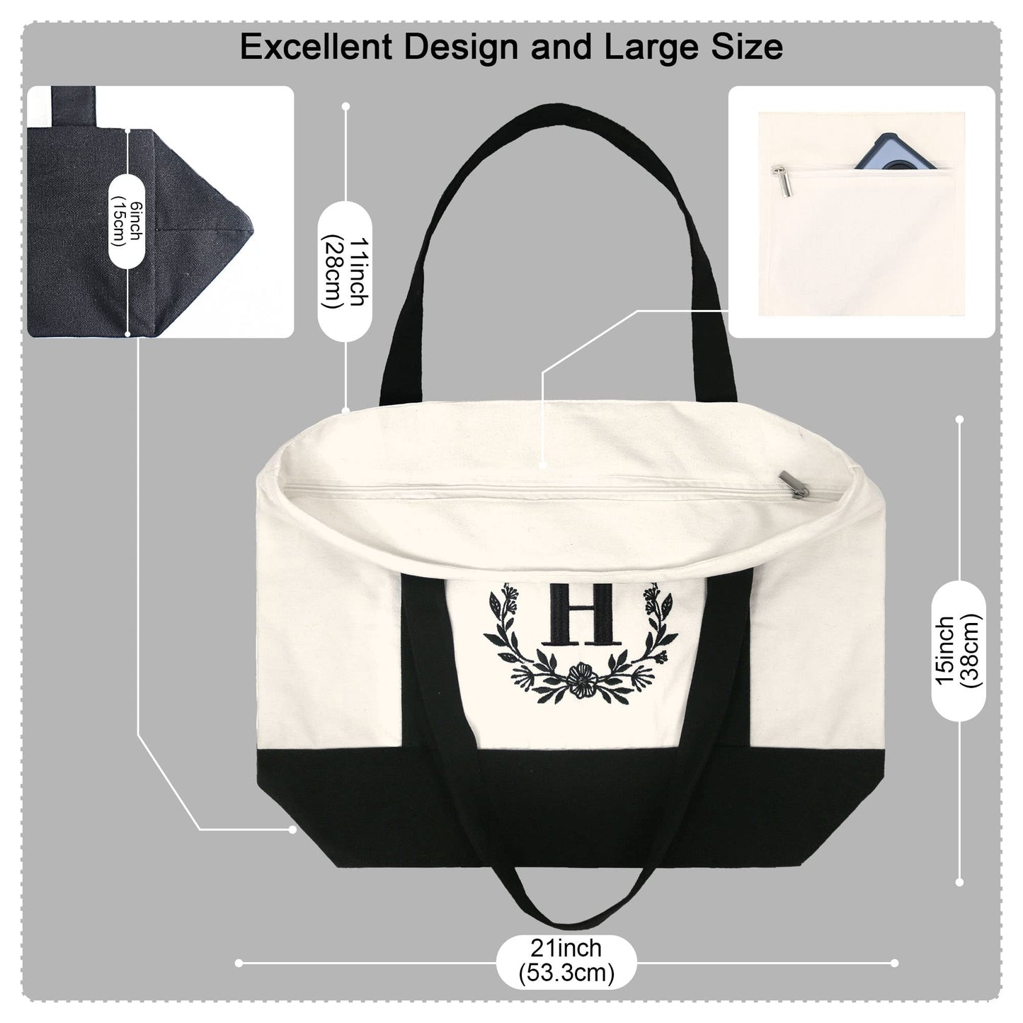 HOTIMO® Personalized Initial Canvas Tote Bag