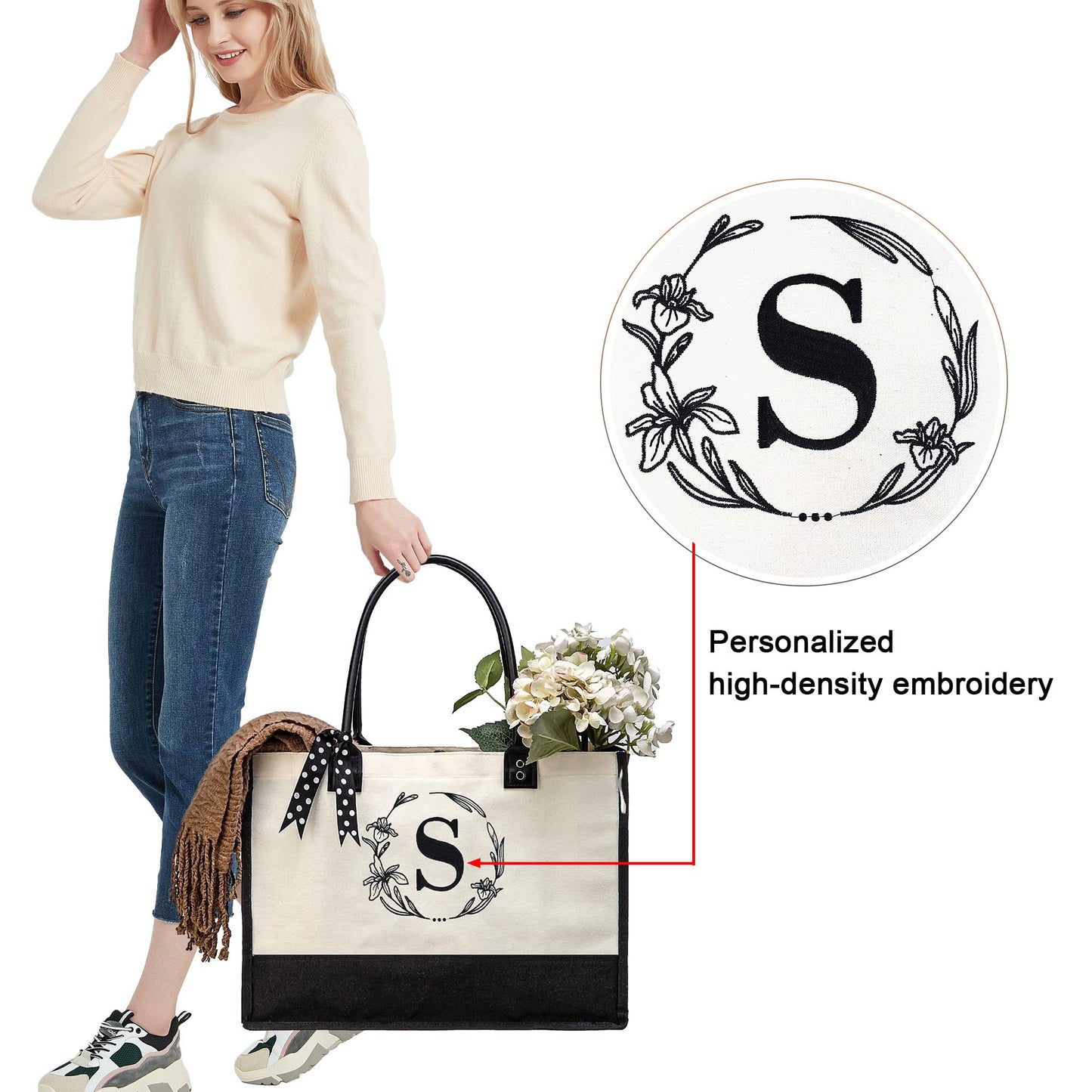 HOTIMO® Initial Canvas Tote Bags Personalized  Embroidery