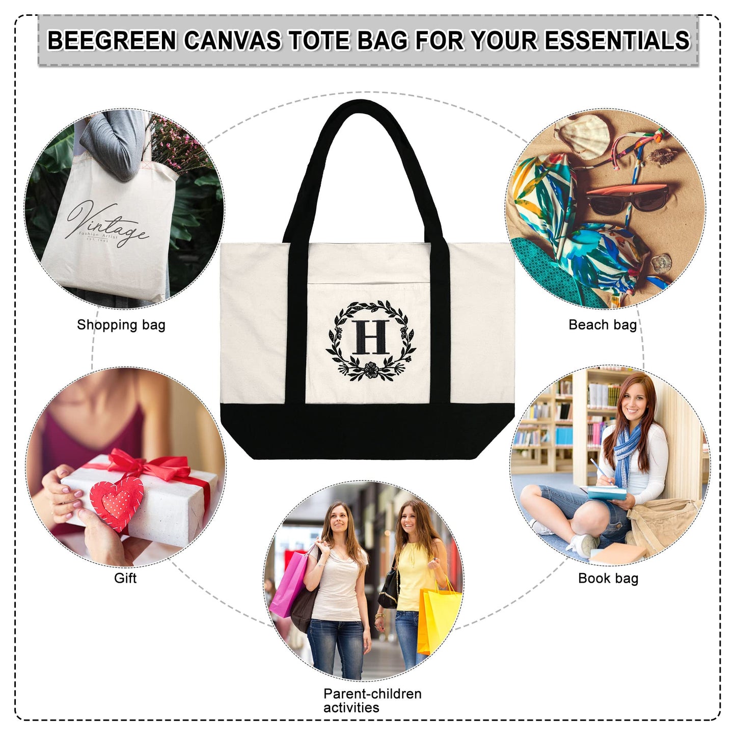 HOTIMO® Personalized Initial Canvas Tote Bag